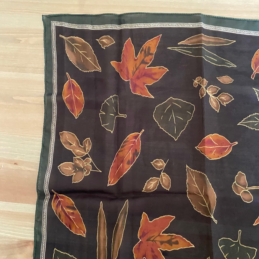 Vintage Brown Green Fall Leaf Print Square Polyester Scarf Small - Picture 12 of 12